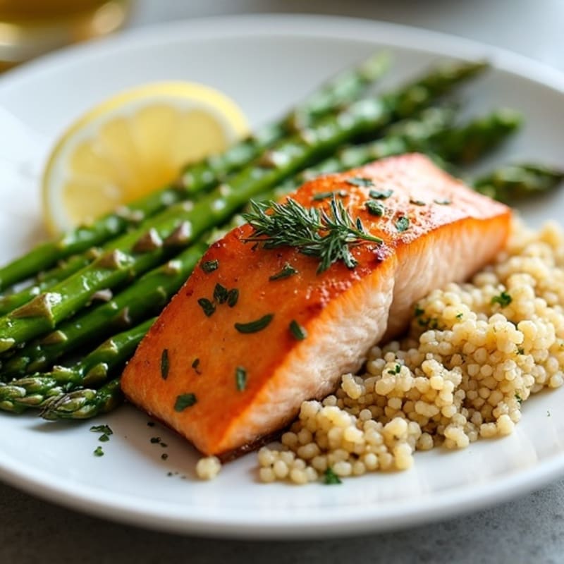 Pan-Seared Lemon-Herb Salmon with Roasted Asparagus and Fluffy Quinoa