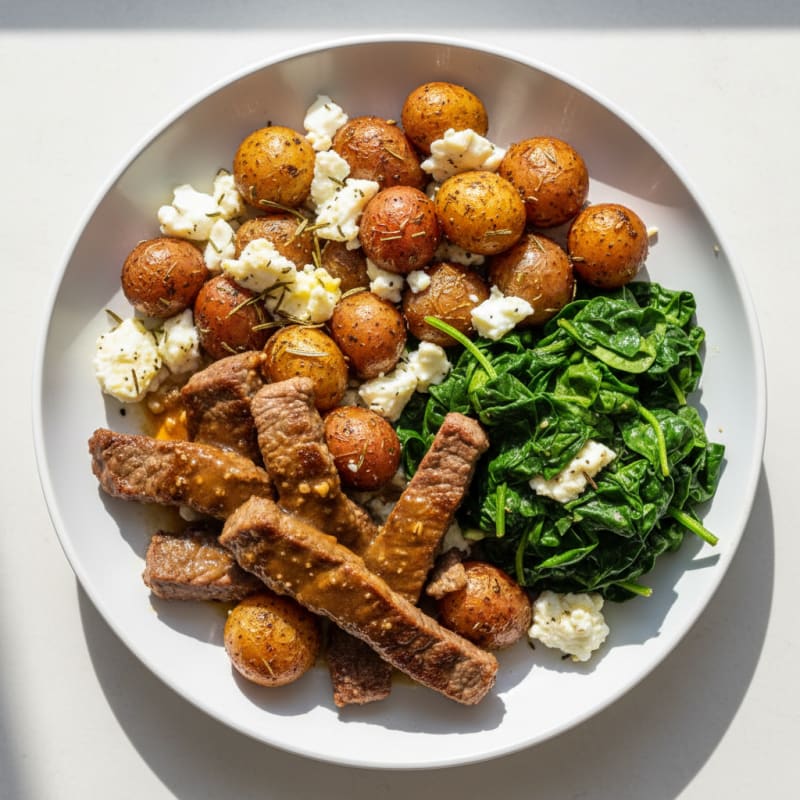 Seared Lean Beef Strips with Herb Potatoes and Sautéed Spinach