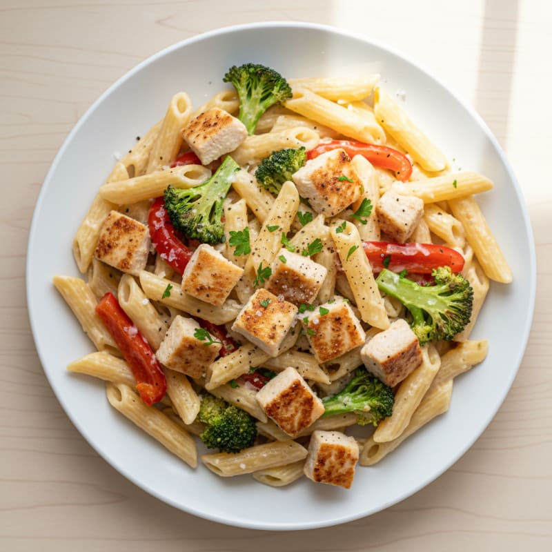 High-Protein Alfredo Pasta with Roasted Vegetables