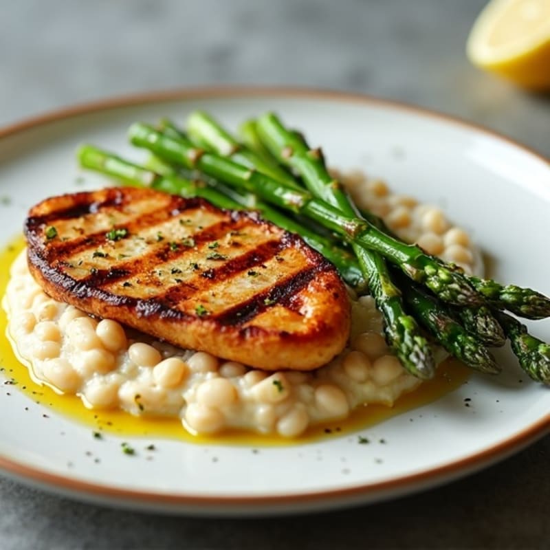 Grilled Tempeh Steaks with Creamy White Bean Mash and Steamed Asparagus