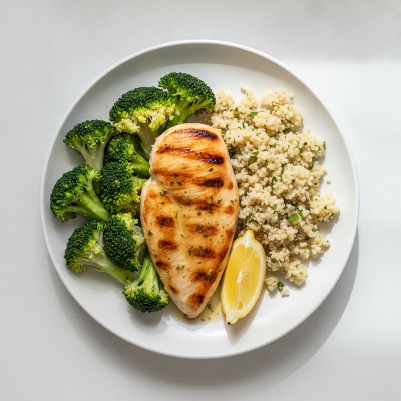 Grilled Chicken Breast with Steamed Broccoli and Quinoa