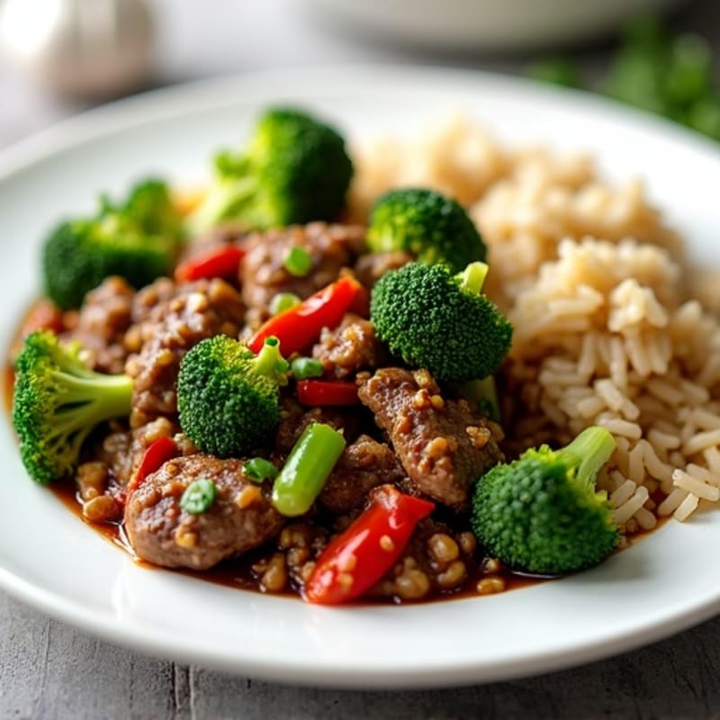 Lean Stir-fried Garlic-Ginger Beef with Crispy Broccoli and Wholesome Brown Rice