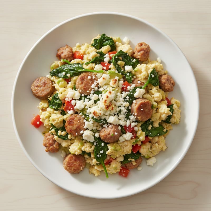 Egg White Scramble with Turkey Sausage and Sautéed Spinach
