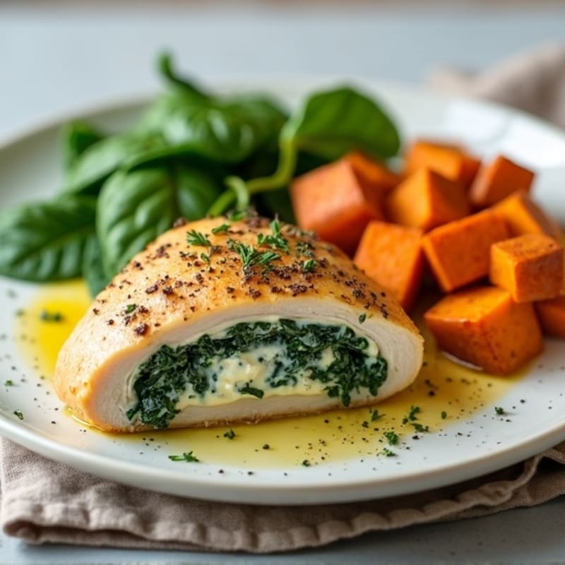 Creamy Spinach Stuffed Chicken Breast with Roasted Sweet Potatoes