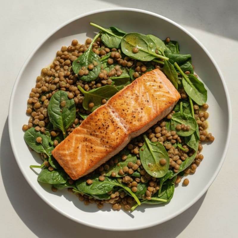 Seared Salmon Fillet with Lentil and Spinach Salad