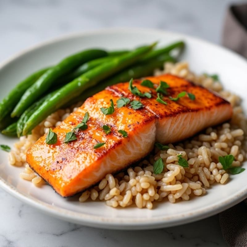 Seared Salmon with Garlic Green Beans and Brown Rice