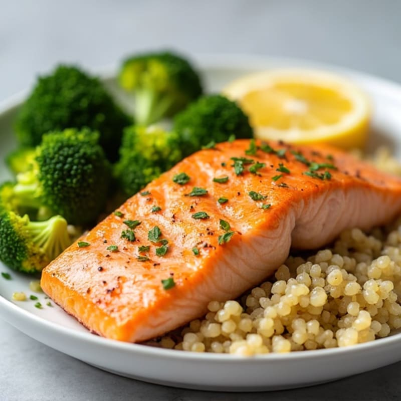 Baked Salmon with Steamed Broccoli and Quinoa