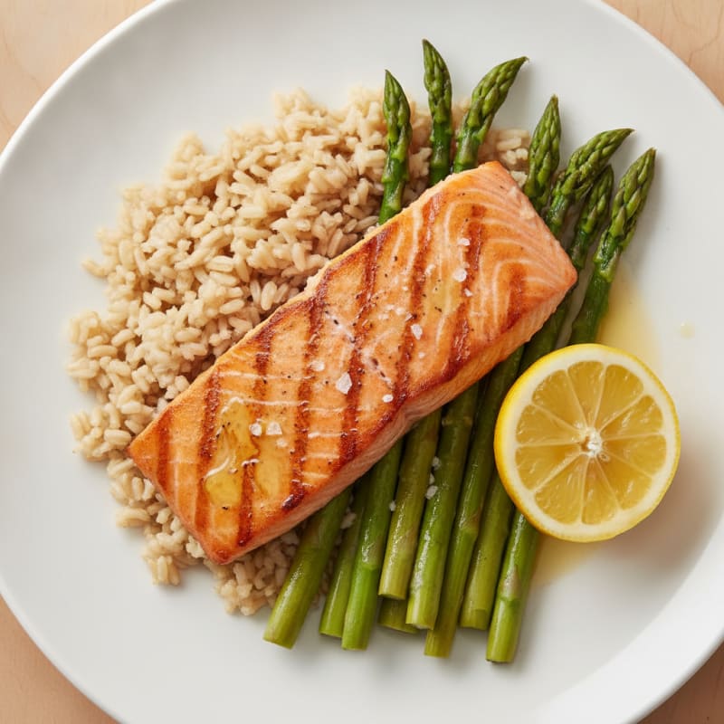 Seared Salmon Fillet with Steamed Asparagus and Brown Rice