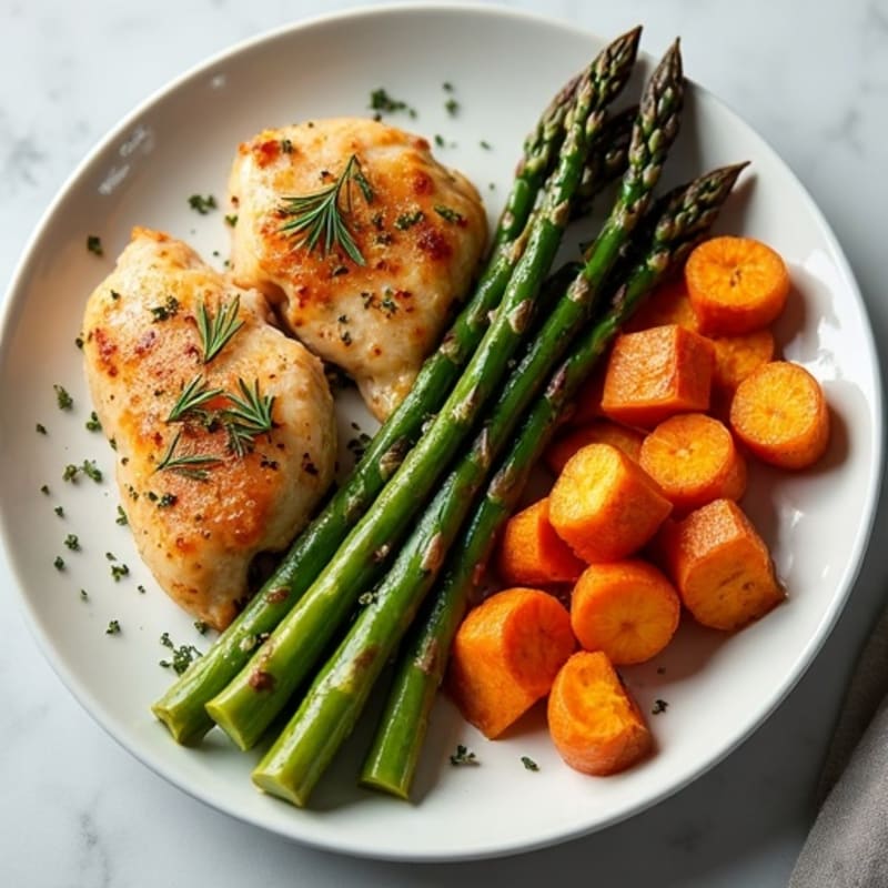 Crispy Roasted Yams with Garlic-Herb Chicken and Roasted Asparagus