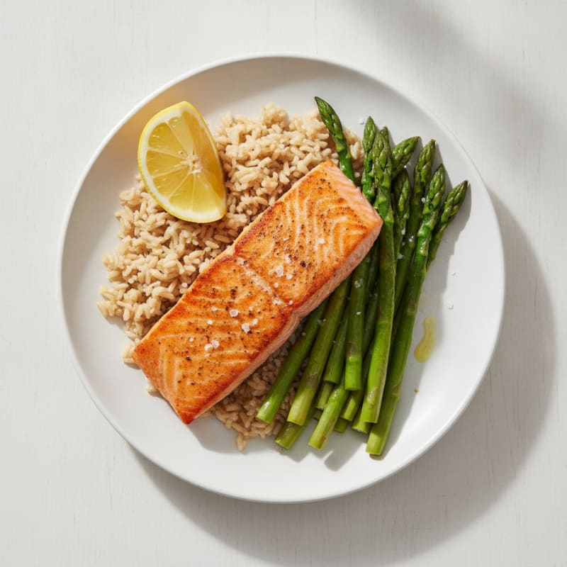 Seared Salmon Fillet with Steamed Asparagus and Brown Rice