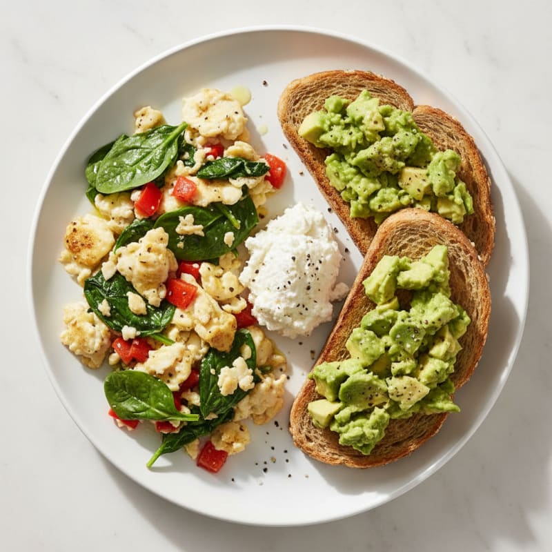 Egg White Veggie Scramble with Cottage Cheese and Smashed Avocado Toast