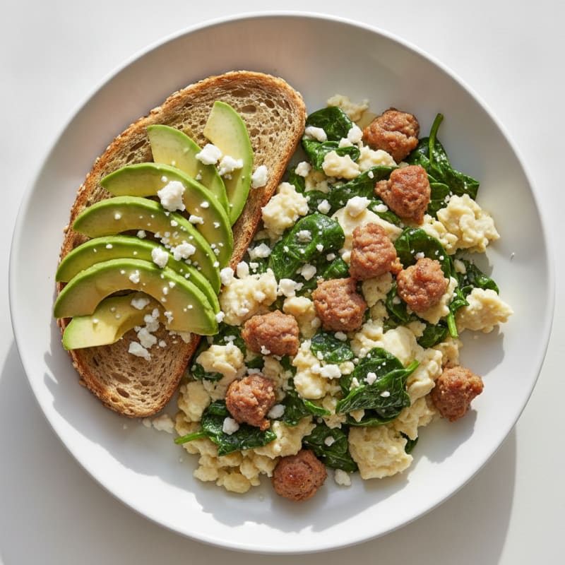 Egg White Spinach Scramble with Turkey Sausage