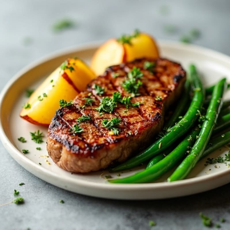 Pan-Seared Garlic Herb Steak with Roasted Potatoes and Green Beans
