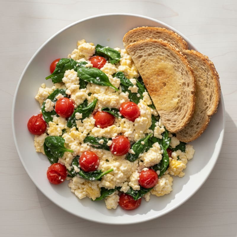Cottage Cheese Scramble with Spinach and Cherry Tomatoes