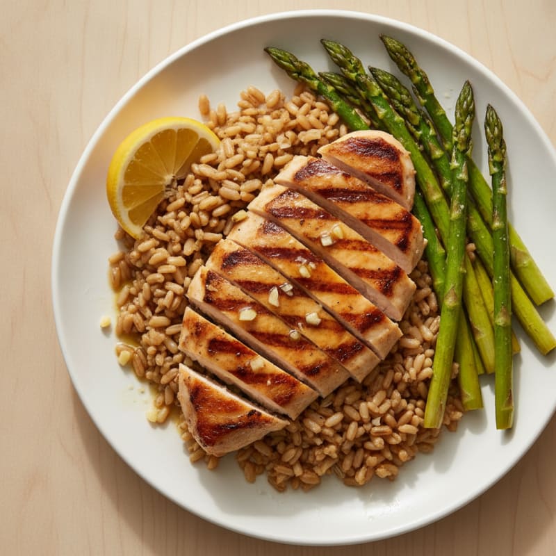 Grilled Chicken with Roasted Asparagus and Brown Rice