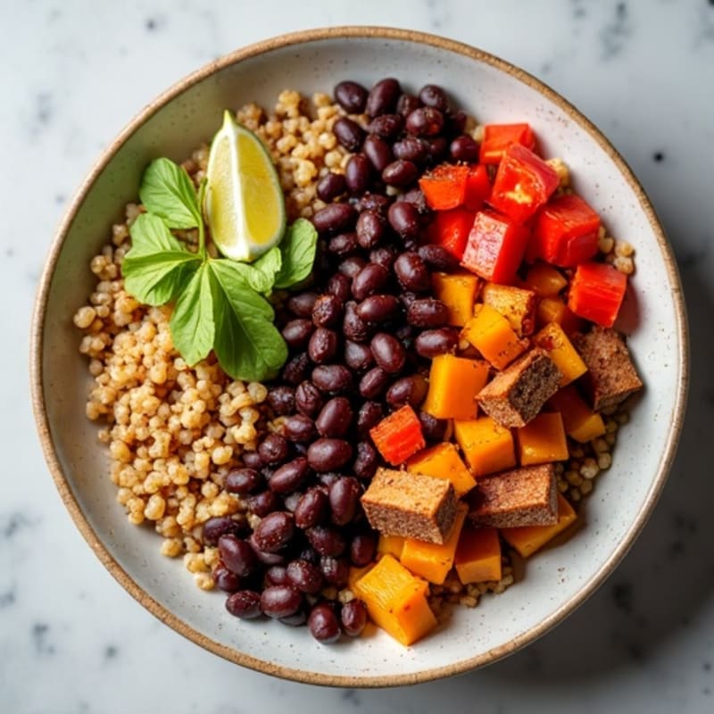 Spicy Black Bean Quinoa Bowl with Roasted Sweet Potato