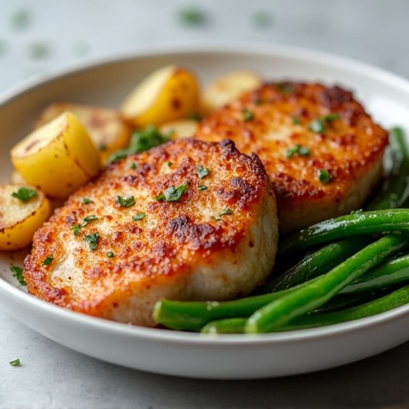 Crispy Pan-Seared Pork Chops with Roasted Potatoes and Green Beans