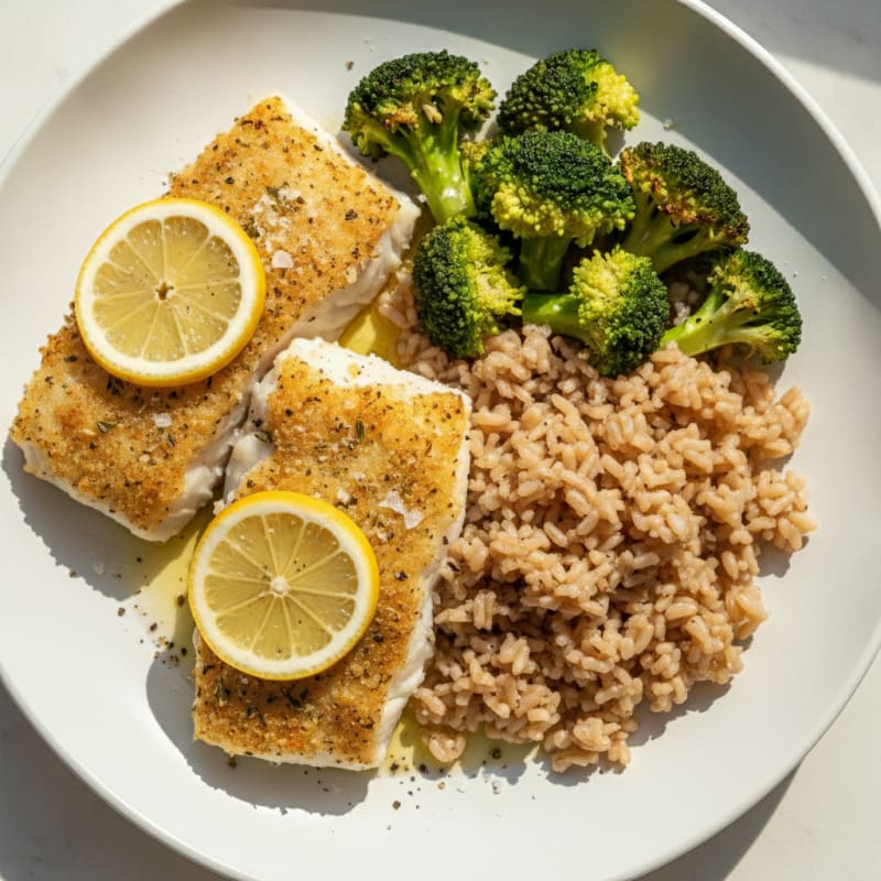 Lemon Herb Baked Cod with Rice and Broccoli