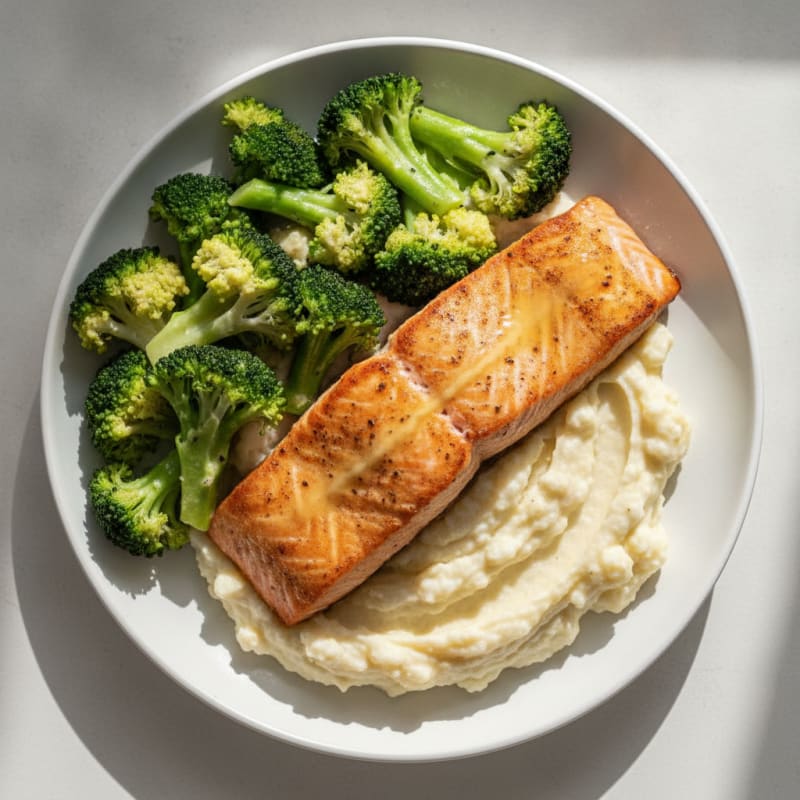 Seared Salmon with Steamed Broccoli and Garlic Mashed Cauliflower