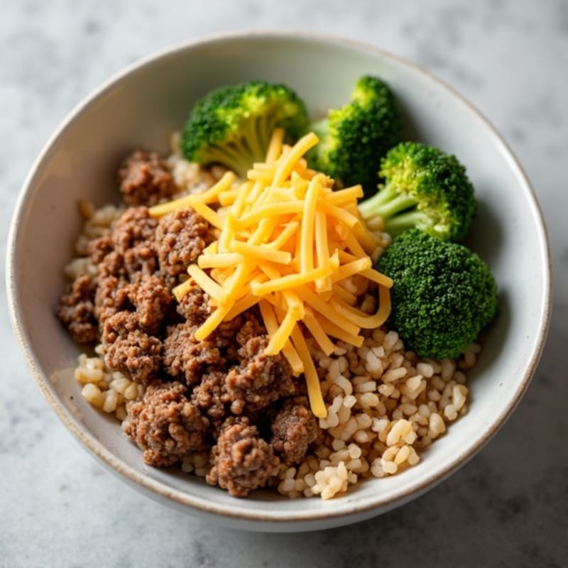Crispy Ground Beef and Cheesy Rice Bowl with Roasted Broccoli