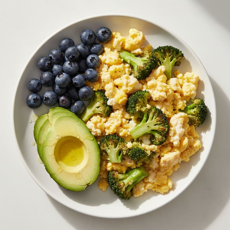 Scrambled Eggs with Sautéed Broccoli and Fresh Berries