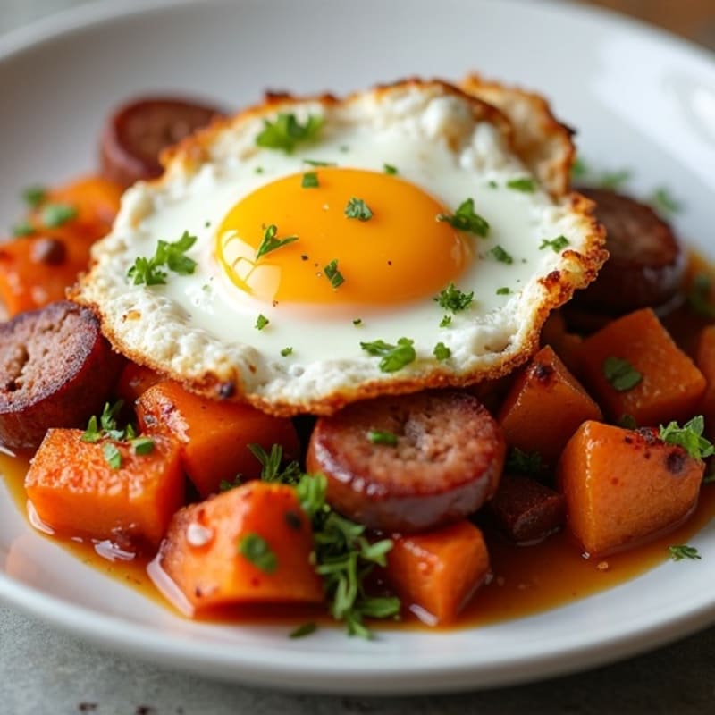 Crispy Sweet Potato and Lean Turkey Sausage Hash with Eggs