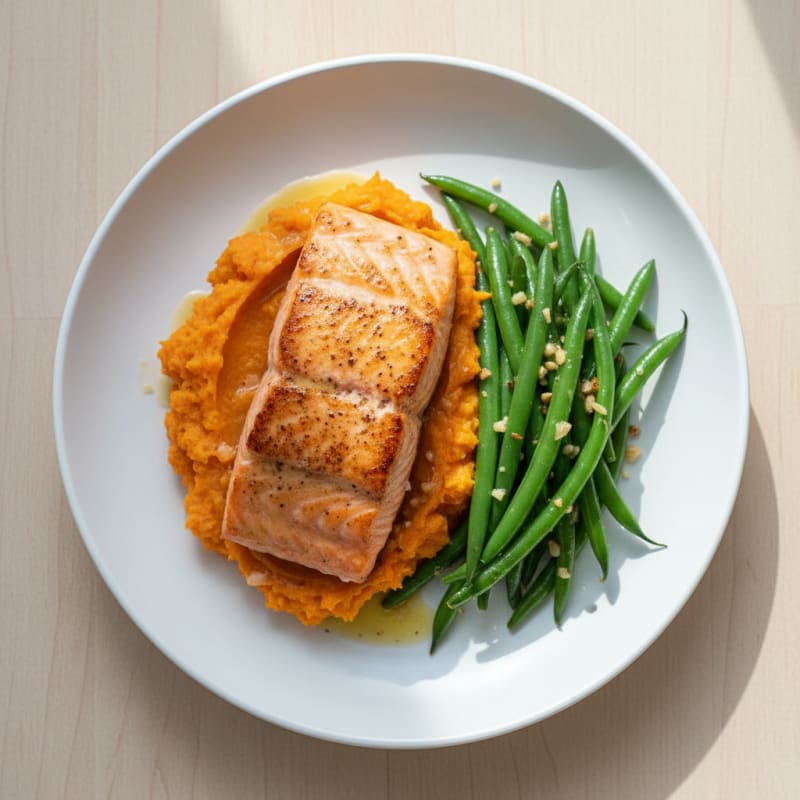 Seared Salmon Fillet with Garlic Green Beans and Mashed Sweet Potatoes