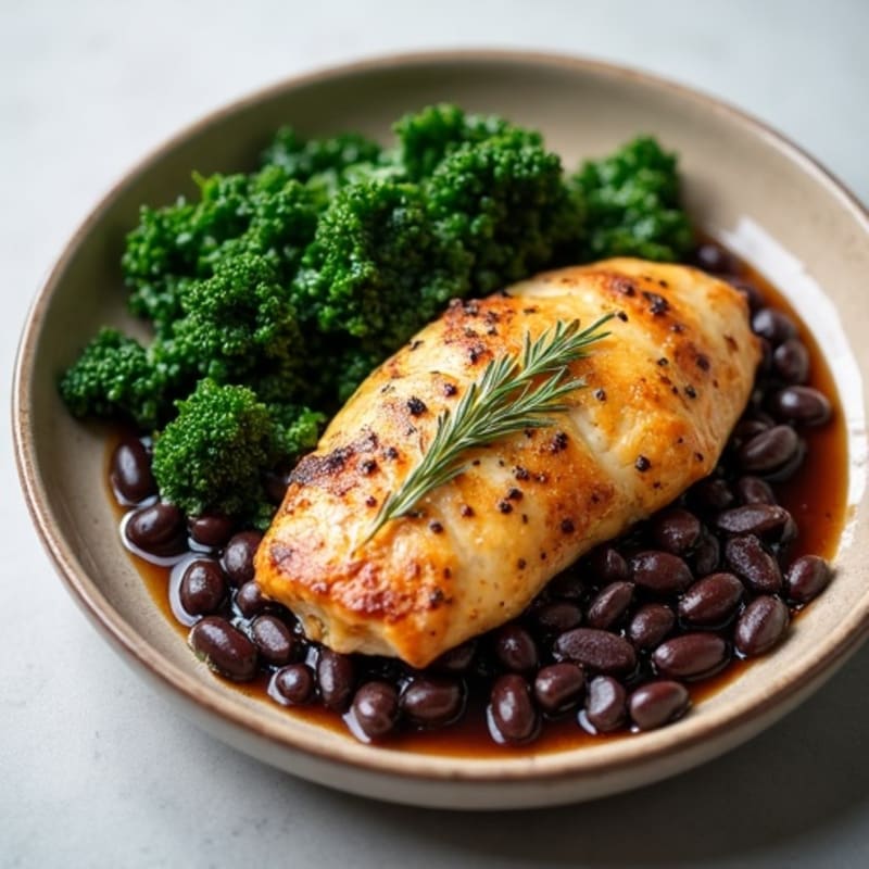 Herb-Braised Chicken with Savory Black Beans and Steamed Greens