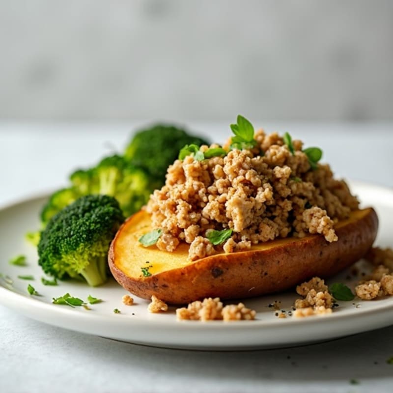 Crispy Baked Potato with Lean Ground Turkey and Roasted Broccoli