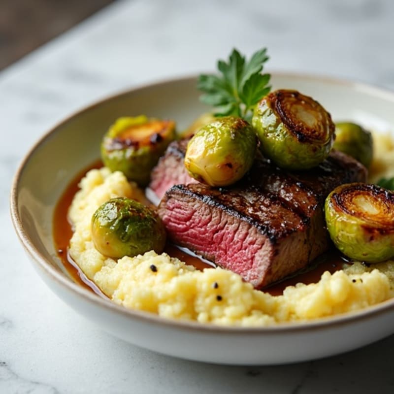 Seared Lean Beef with Roasted Brussels Sprouts and Garlic Cauliflower Mash