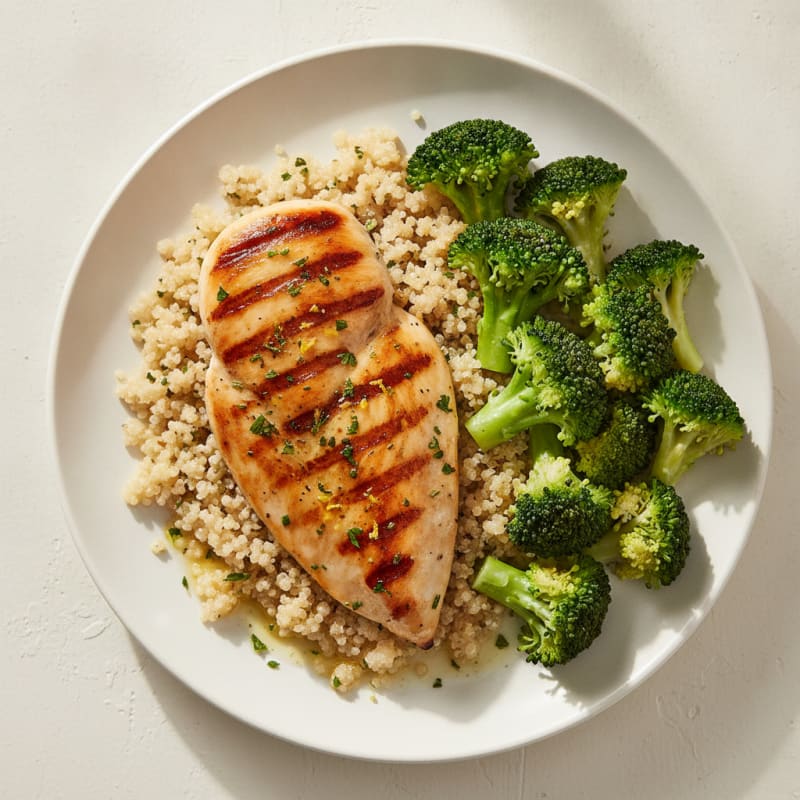 Grilled Chicken Breast with Steamed Broccoli and Quinoa