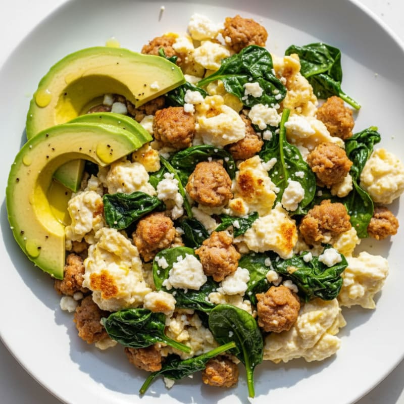 Egg White and Turkey Sausage Scramble with Spinach and Feta