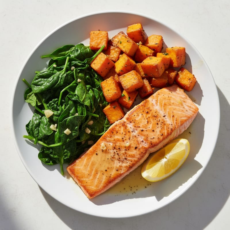 Seared Salmon with Roasted Sweet Potatoes and Sautéed Spinach