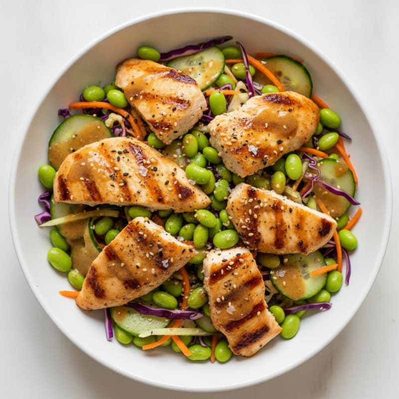 Grilled Chicken Edamame Salad with Sesame-Ginger Dressing