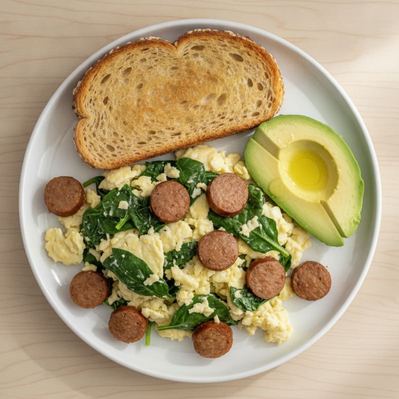 Egg White Spinach Scramble with Turkey Sausage