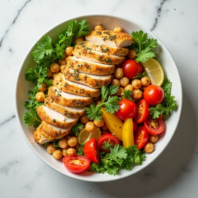 Herb-Marinated Chicken and Crispy Chickpea Fresh Vegetable Bowl