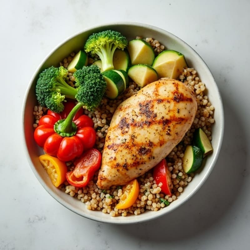 Herb-Roasted Chicken Quinoa Bowl with Rainbow Vegetables