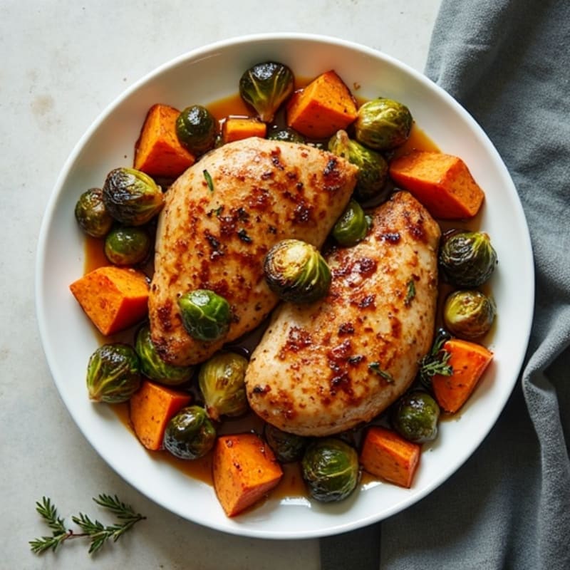 Crispy Sheet Pan Balsamic Chicken with Roasted Brussels Sprouts and Sweet Potatoes