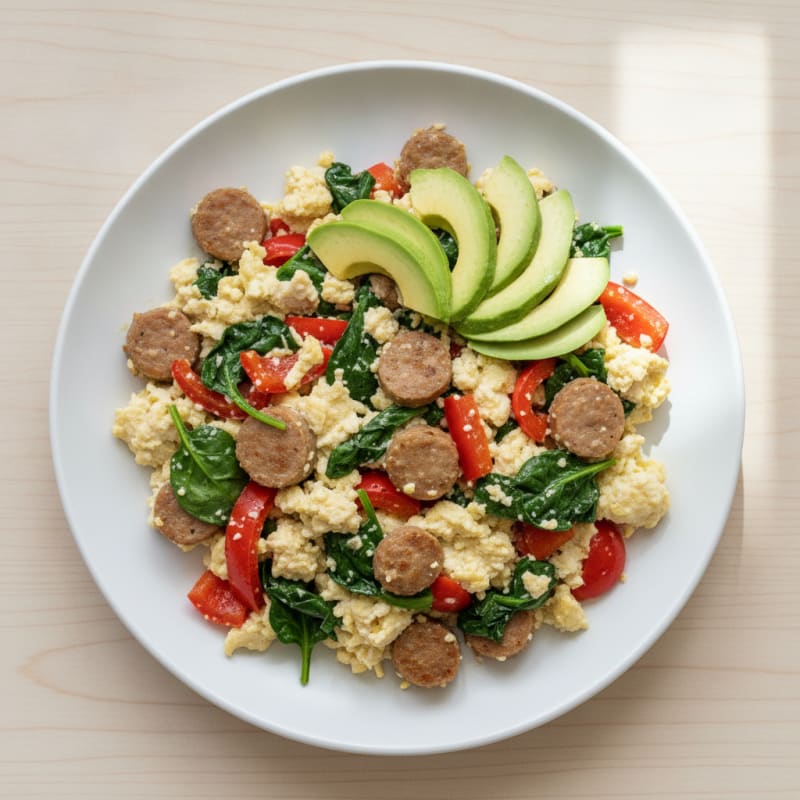 Egg White and Turkey Sausage Scramble with Spinach and Bell Peppers