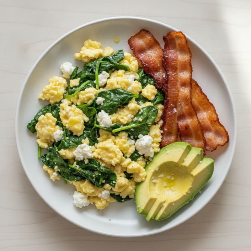 Cottage Cheese Scramble with Spinach and Turkey Bacon