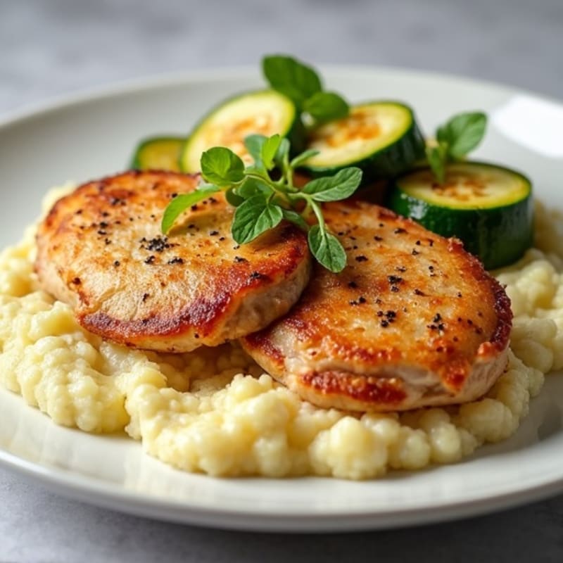 Seared Turkey Cutlets with Roasted Zucchini and Cauliflower Mash