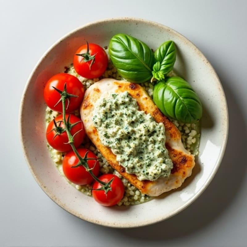 Creamy Pesto Chicken with Roasted Cherry Tomatoes