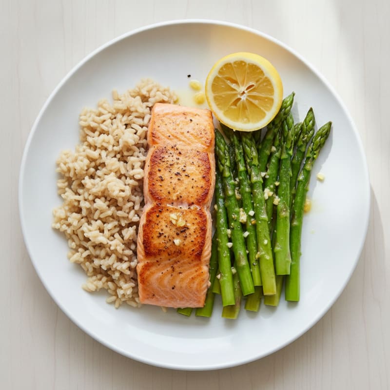 Seared Salmon Fillet with Steamed Asparagus and Brown Rice