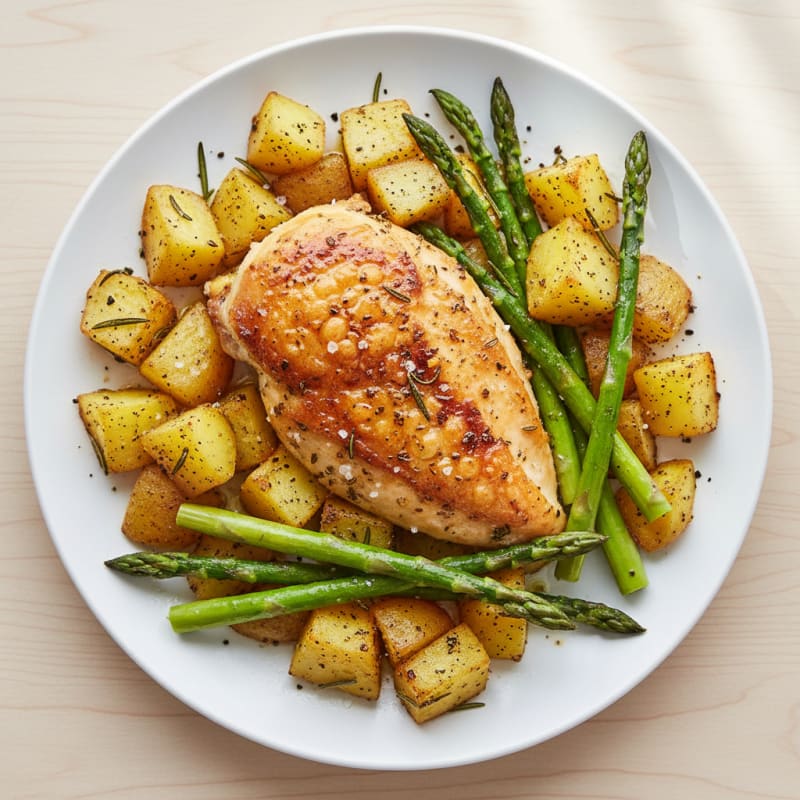 Crispy Roasted Chicken and Potatoes with Asparagus