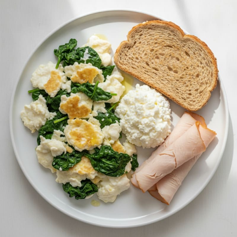 Egg White and Spinach Scramble with Cottage Cheese and Sliced Turkey