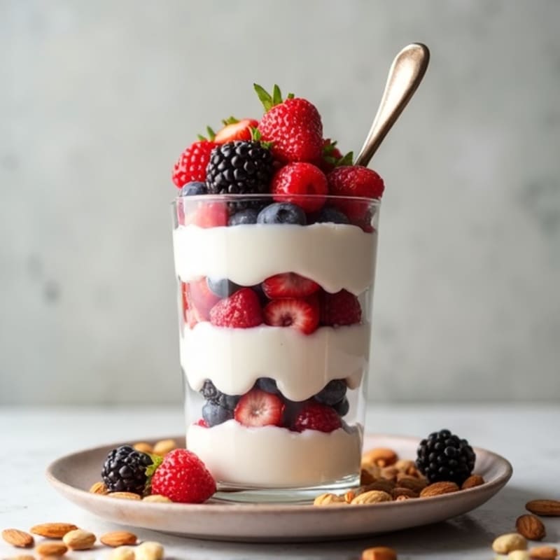 Vanilla Greek Yogurt Protein Parfait with Mixed Berries and Almonds