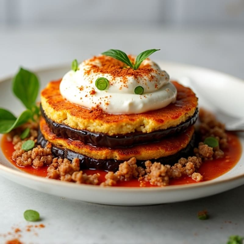 Baked Eggplant Layers with Savory Spiced Ground Lamb and Creamy Cauliflower Topping