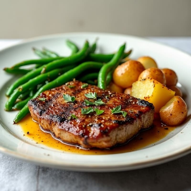 Garlic Herb Pan-Seared Steak with Roasted Potatoes and Green Beans