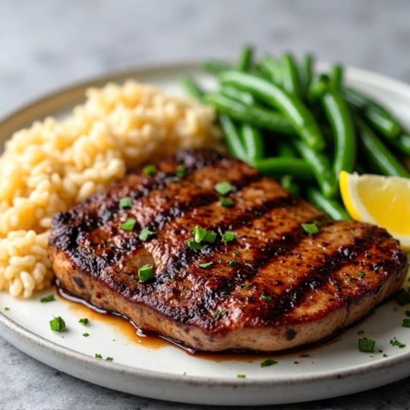Grilled Beef Steak with Brown Rice and Green Bean Salad