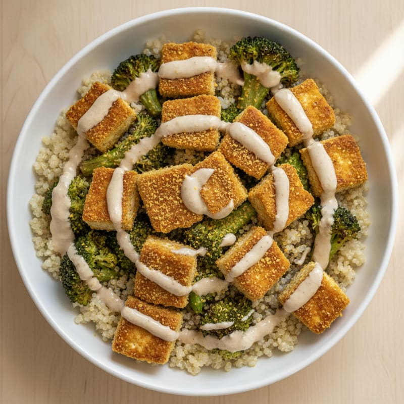 Crispy Tofu and Quinoa Power Bowl with Roasted Broccoli and Tahini Yogurt Drizzle